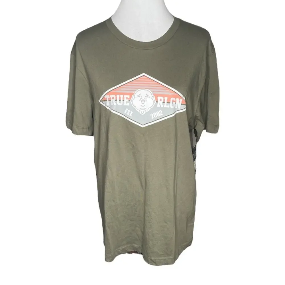 True Religion Buddha Face Logo Short Sleeve TShirt Army Green Size Large